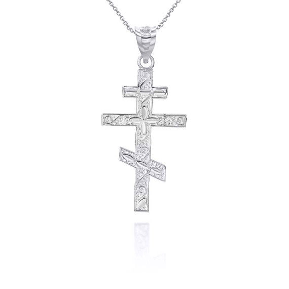 White Gold Russian Orthodox Cross Pendant Necklace