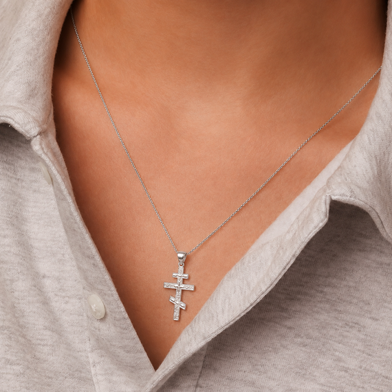 Silver Russian Orthodox Cross Pendant Necklace