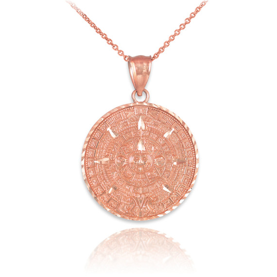 Gold Ancient Aztec Mayan Sun Calendar Diamond Cut Pendant Necklace S/M/L (Available in Yellow/Rose/White Gold)