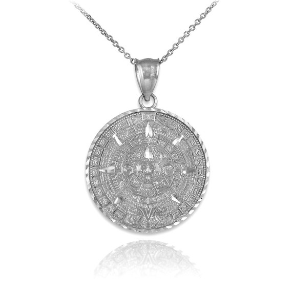 Silver Aztec Mayan Sun Calendar Pendant necklace