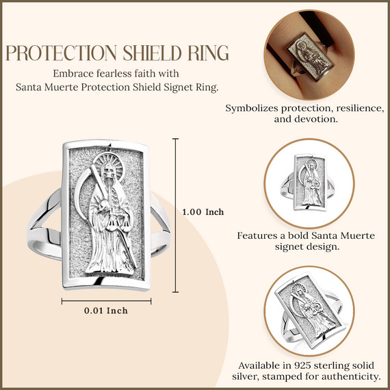 .925 Sterling Silver Santa Muerte Protection Shield Signet Ring (0.82")