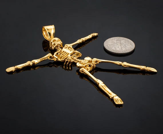 Diamond-Cut Gold 3D Skeleton Dangle Pendant