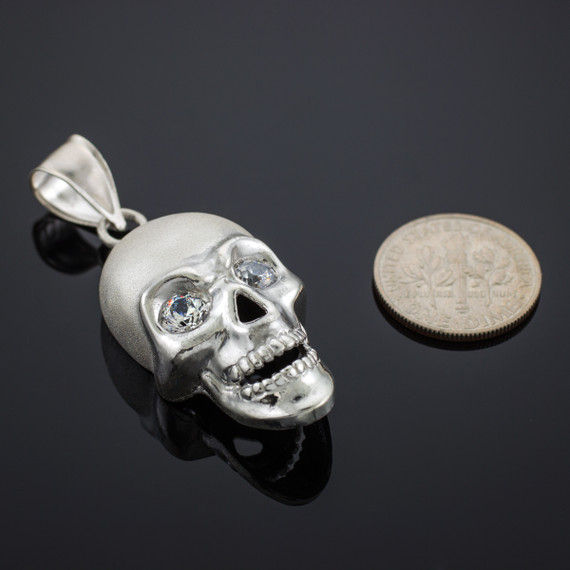 White Gold Skull Pendant with Clear CZ Eyes
