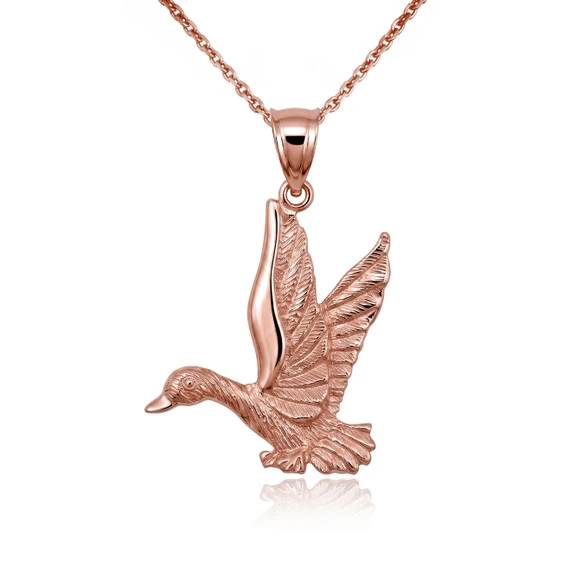 Gold Flying Mallard Duck Pendant Necklace (Available In Yellow/Rose/White Gold)