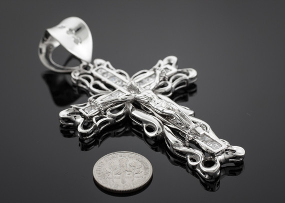 White Gold Filigree Crucifix CZ Cross Pendant (XL)