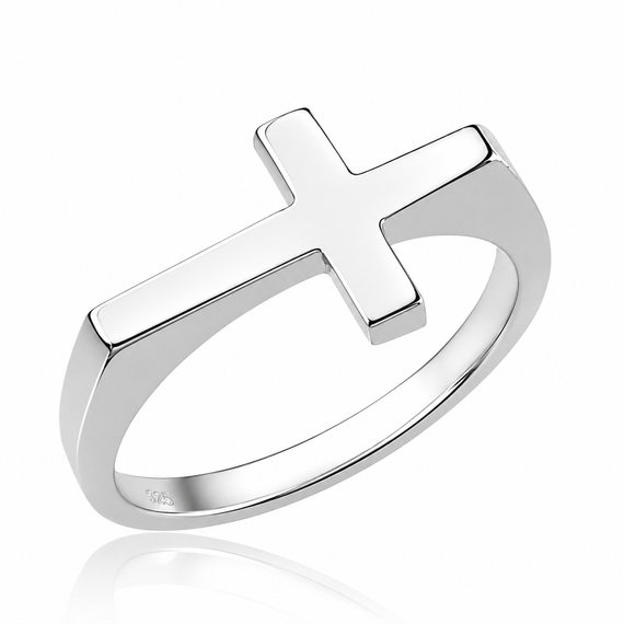 Solid Sterling Silver Flat Top Sideways Cross Ring