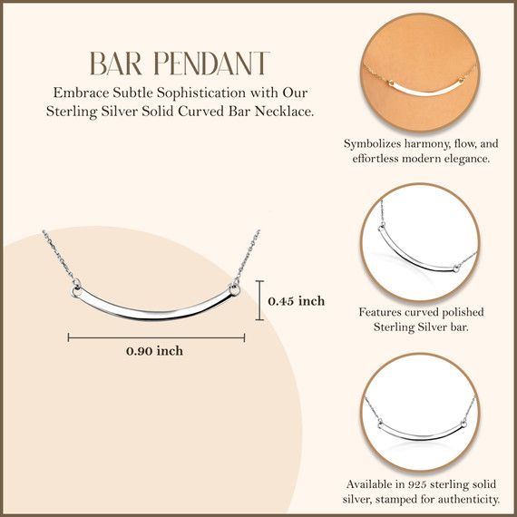 925 Solid Sterling Silver Curved Bar Necklace