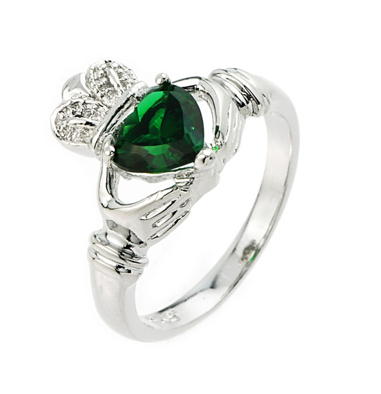 Sterling Silver Emerald CZ Claddagh Ladies Ring
