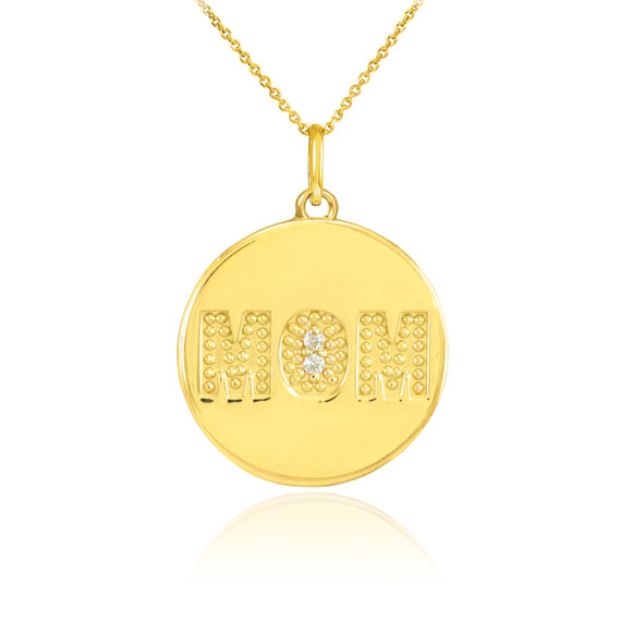 14K Yellow Gold Diamond Mom Coin Mother's Pendant Necklace