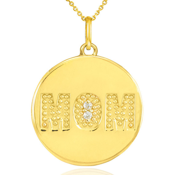 14K Yellow Gold Diamond Mom Coin Mother's Pendant Necklace