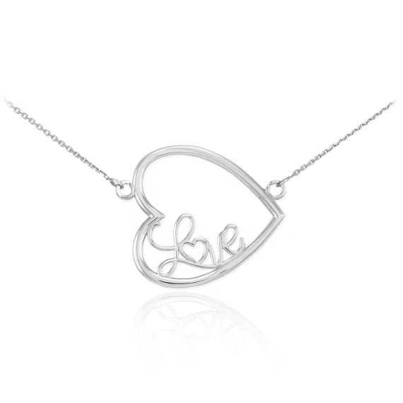 14K White Gold Sideways Open Heart "Love" Script Necklace