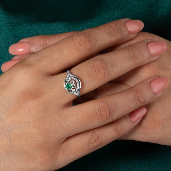 .925 Sterling Silver Woman's Alluring Emerald Claddagh Ring on female model