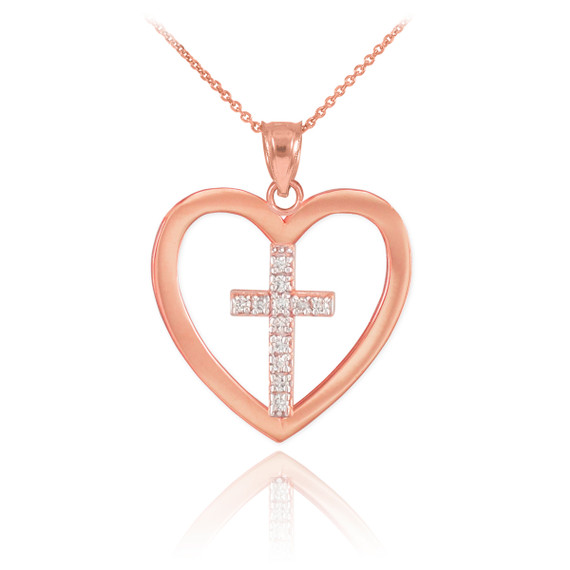 Rose Gold Open Heart Diamond Cross Pendant Necklace