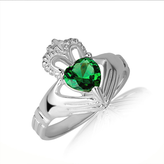 .925 Sterling Silver Woman's Elegant Claddagh Emerald Birthstone Heart Shape Ring