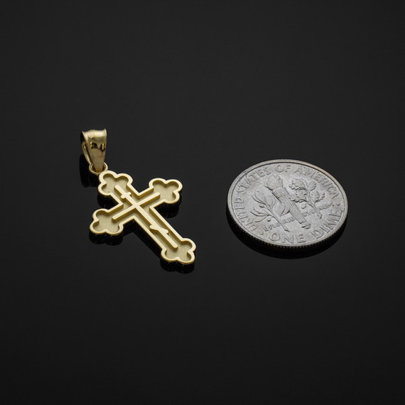 Gold Solid Eastern Orthodox Russian Cross Pendant Necklace (Available In Yellow/Rose/White Gold)