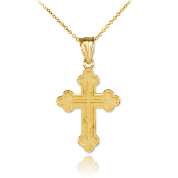 Gold Solid Eastern Orthodox Russian Cross Pendant Necklace (Available In Yellow/Rose/White Gold)