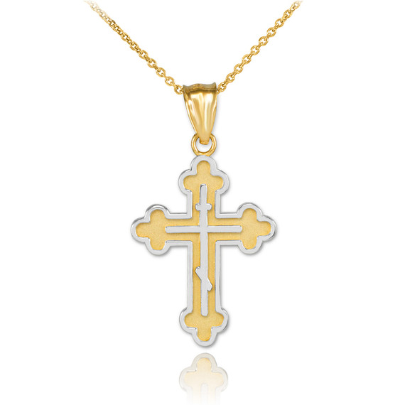 Two-Tone Gold Eastern Orthodox Russian Cross Pendant Necklace