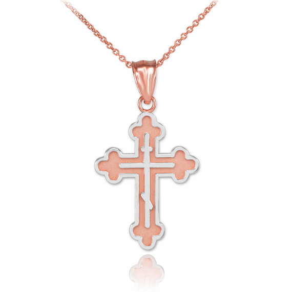 Two-Tone Rose Gold Eastern Orthodox Russian Cross Pendant Necklace