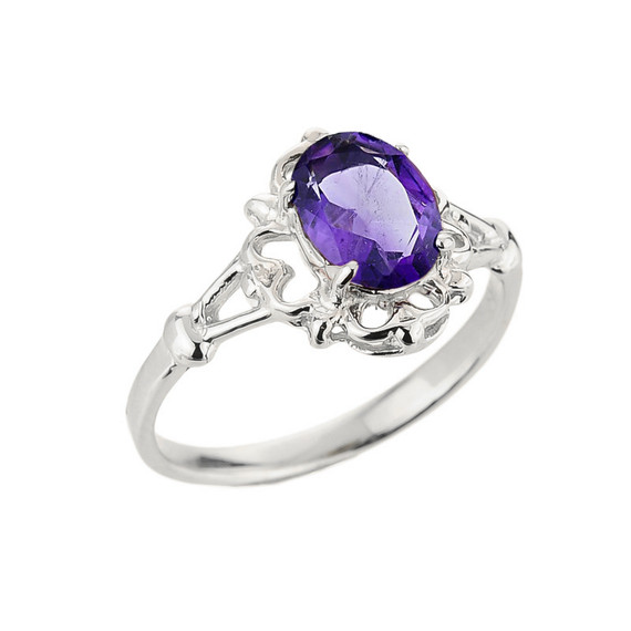 White Gold Oval Shaped Amethyst Gemstone Ring