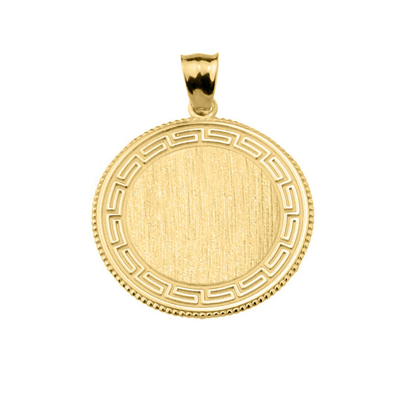 Greek Key Yellow Gold Engravable Round Pendant