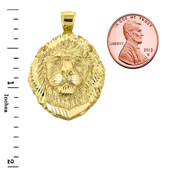 Diamond Cut Lion Head Pendant Necklace in Yellow Gold