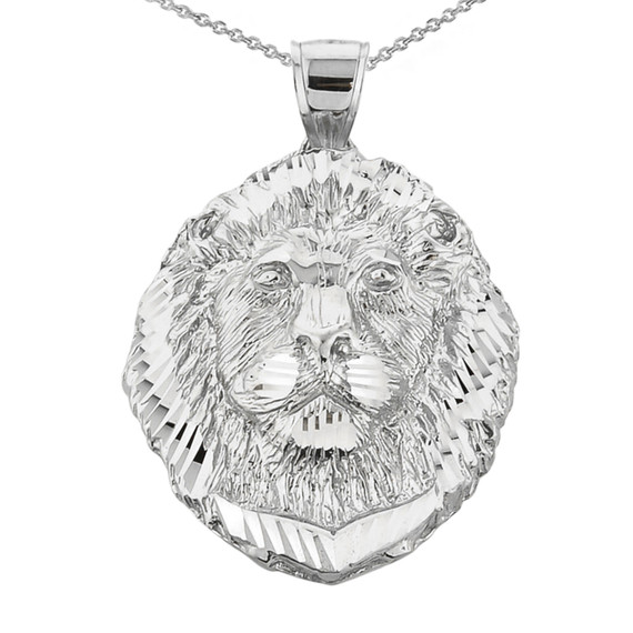 Diamond Cut Lion Head Pendant Necklace in Whtie Gold