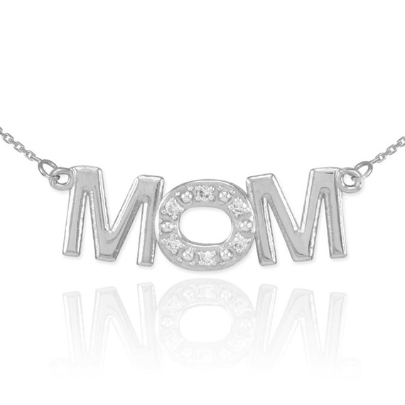 14K White Gold MOM Diamond Studded Pendant Necklace