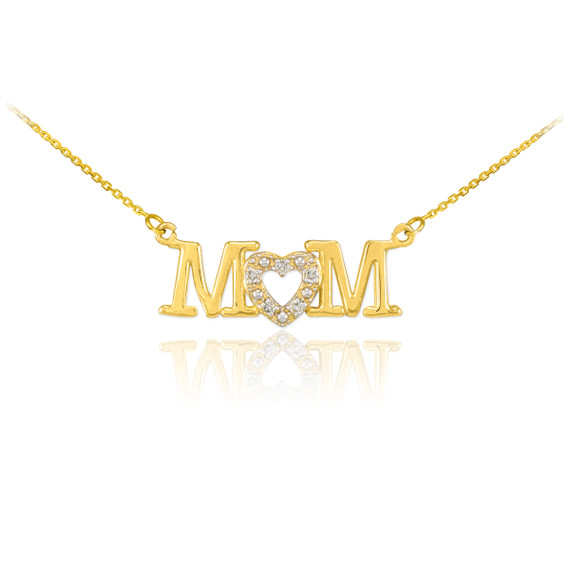 14K Yellow Gold Mom Diamond Studded Heart Mother's Necklace