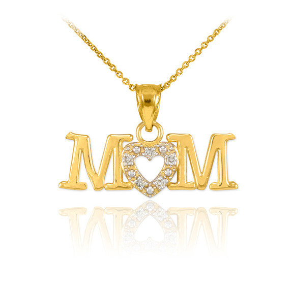 14K Yellow Gold Mom Diamond Studded Heart Mother's Pendant Necklace