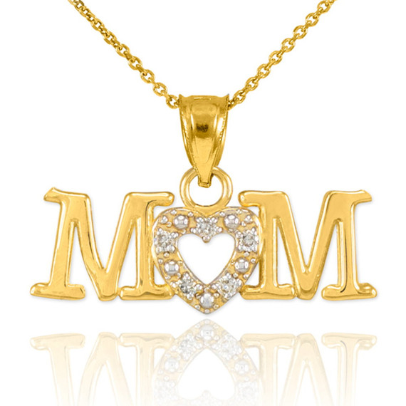 14K Yellow Gold Mom Diamond Studded Heart Mother's Pendant Necklace