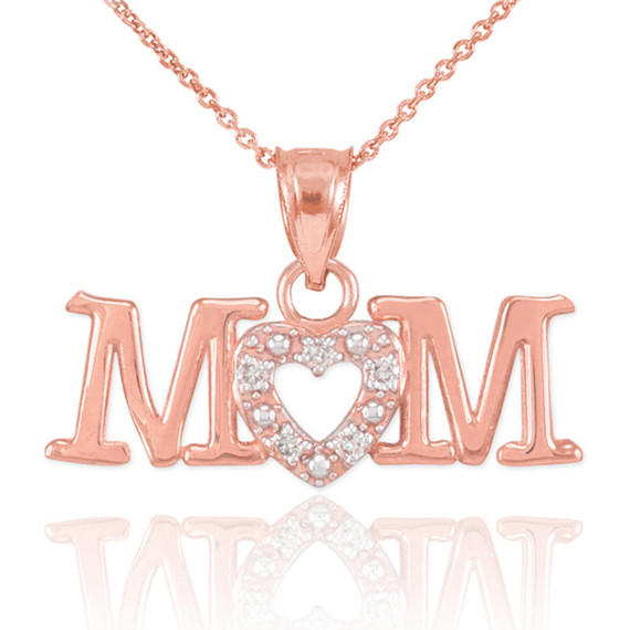 14K Rose Gold Mom Diamond Studded Heart Mother's Pendant Necklace