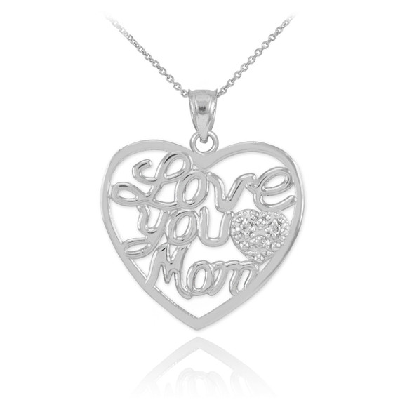 14K White Gold "Love You Mom" Diamond Heart Mother's Pendant Necklace