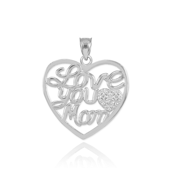 14K White Gold "Love You Mom" Diamond Heart Mother's Pendant