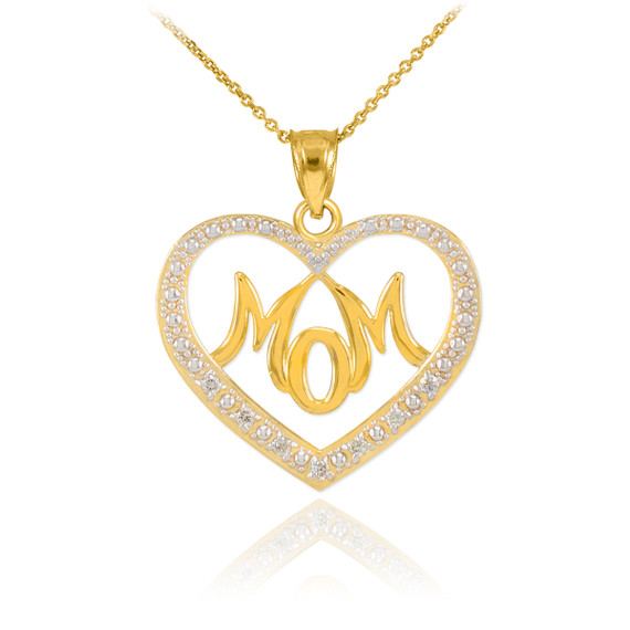 14K Gold Diamond Studded "Mom" Heart Pendant Necklace