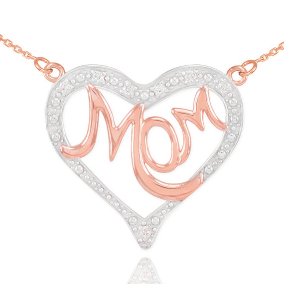 14K Two-Tone Gold Diamond Studded "Mom" Heart Necklace(Available In Yellow/Rose/White Gold)