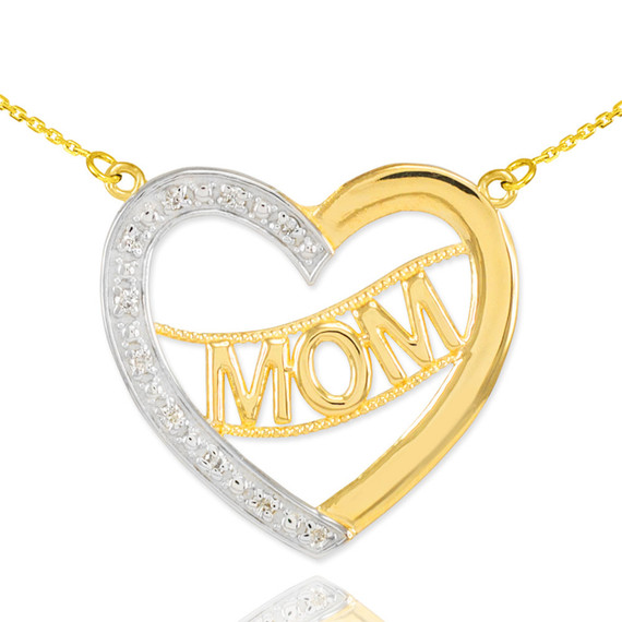14K Two-Tone Gold Diamond Half Studded "Mom" Heart Necklace