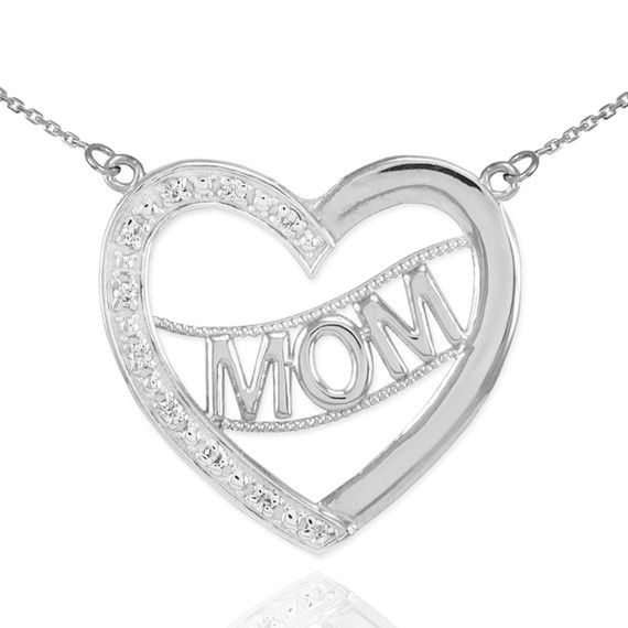 14K White Gold Diamond Half Studded "Mom" Heart Necklace