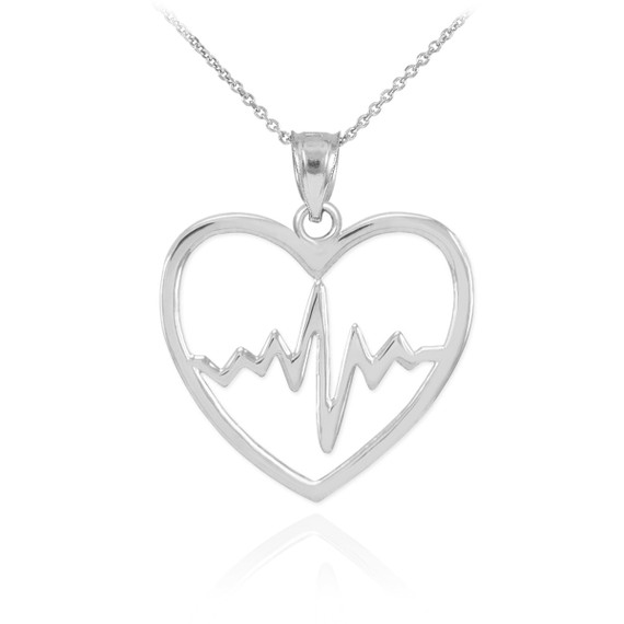 White Gold Heartbeat EKG Pulse Pendant Necklace