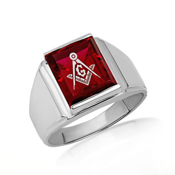 .925 Sterling Silver Custom Emerald Cut Garnet Birthstone Freemason Square & Compass Signet Ring