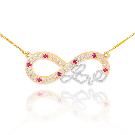 14k Two-Tone Gold Ruby Infinity "Love" Script Necklace with Diamonds