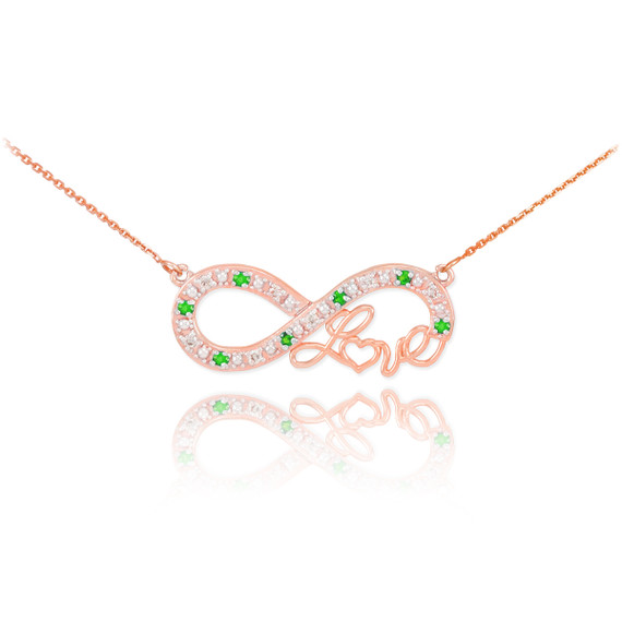 14k Rose Gold Emerald Infinity "Love" Script Necklace with Diamonds