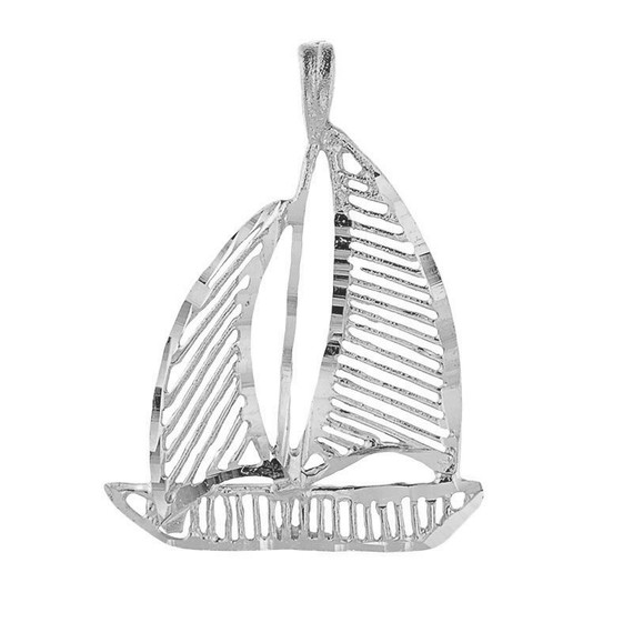 White Gold Sailing Boat Diamond Cut Pendant