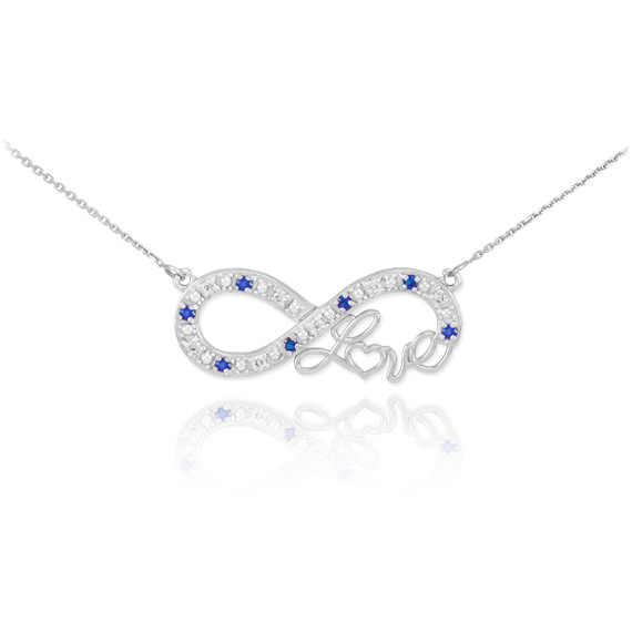 14k White Gold Sapphire Infinity "Love" Script Necklace with Diamonds