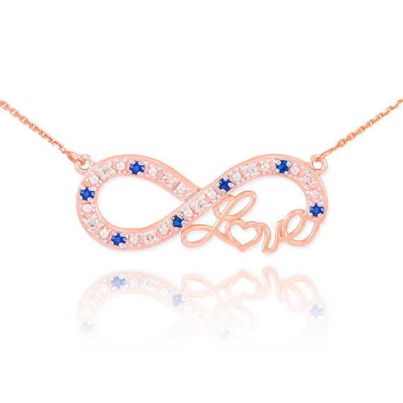 14k Rose Gold Sapphire Infinity "Love" Script Necklace with Diamonds