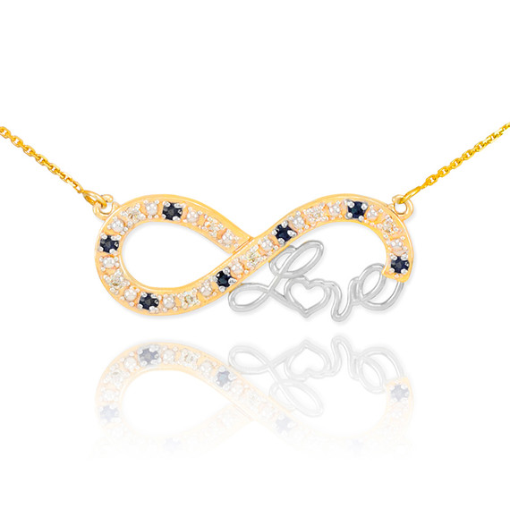 14k Two-Tone Gold Infinity "Love" Script Necklace with Black and Clear Diamonds