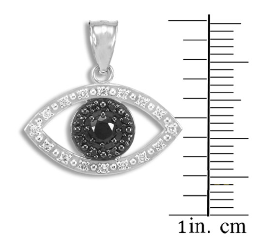 White Gold Evil Eye Pendant Necklace with Clear and Black Diamonds