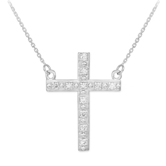 14k White Gold Diamond Cross Necklace