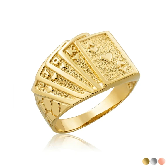Solid Yellow Gold Royal Flush Poker Hand Nugget Ring (Available in Yellow/Rose/White)
