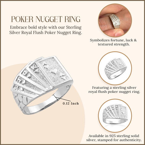 .925 Sterling Silver Royal Flush Poker Hand Nugget Ring