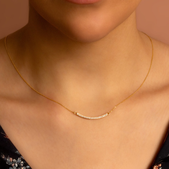 14k Gold Curved Bar Necklace with Diamonds (Available in Yellow, Rose and White)